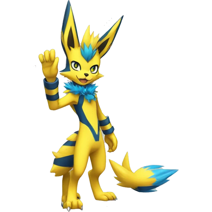 Yellow Anthro Edgy Cool Zeraora-Lucario-Jolteon-Pokémon-Fakémon with shiny blue stripes Full Body Detailed High Quality  emoji