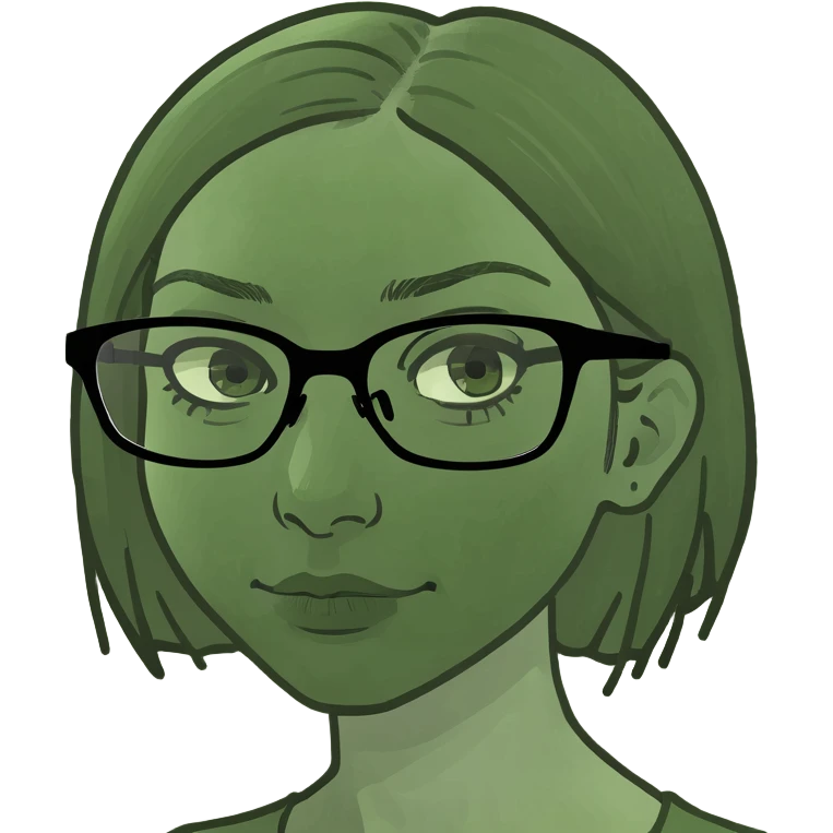 a girl with blue eyes, short blond hair, and square glasses, bufo frog meme style emoji