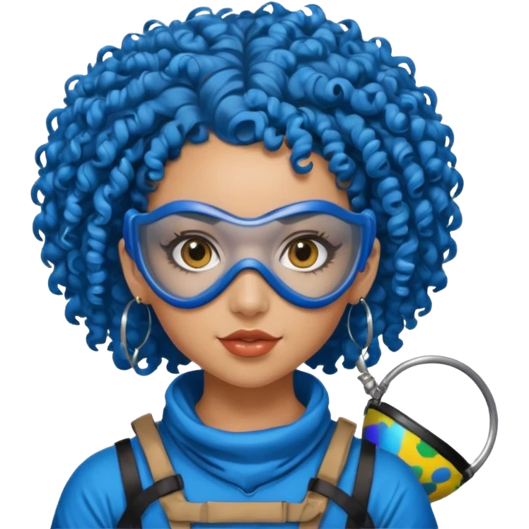 blue curly haired paintball player girl with huge earrings, wearing paintball mask emoji