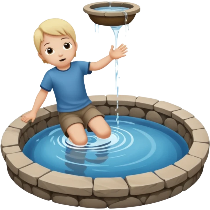 Create a clean emoji-style icon showing a small child falling into a round stone water well. The well must be clearly recognizable: circular stone rim, dark opening. Show the child mid-air, tilted downward above the well with simple motion lines. emoji