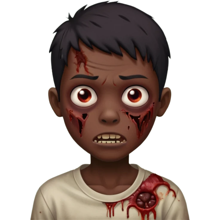 Make a boy zombie dark skin and short black with a hair 4c, spook and creepy expression emoji emoji