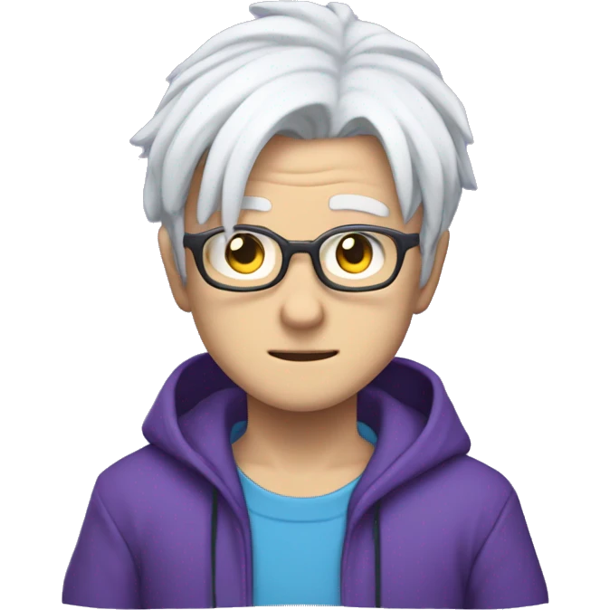 anime character named Saturo Gojo that has white hair, glasses, blue eyes, and wears purple clothing emoji