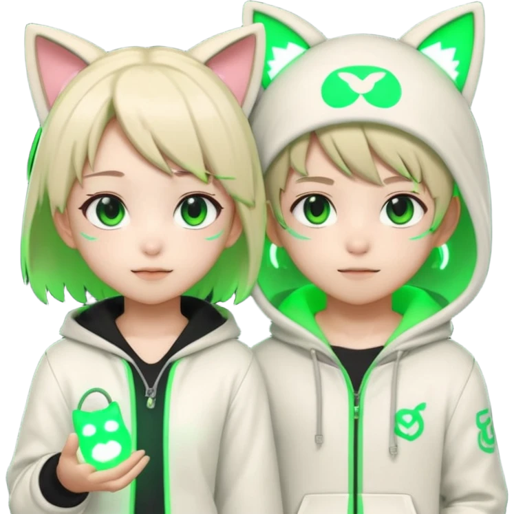 Anime human girl and boy Neko 3d in the game form is of course good green neon lights sign banny emoji