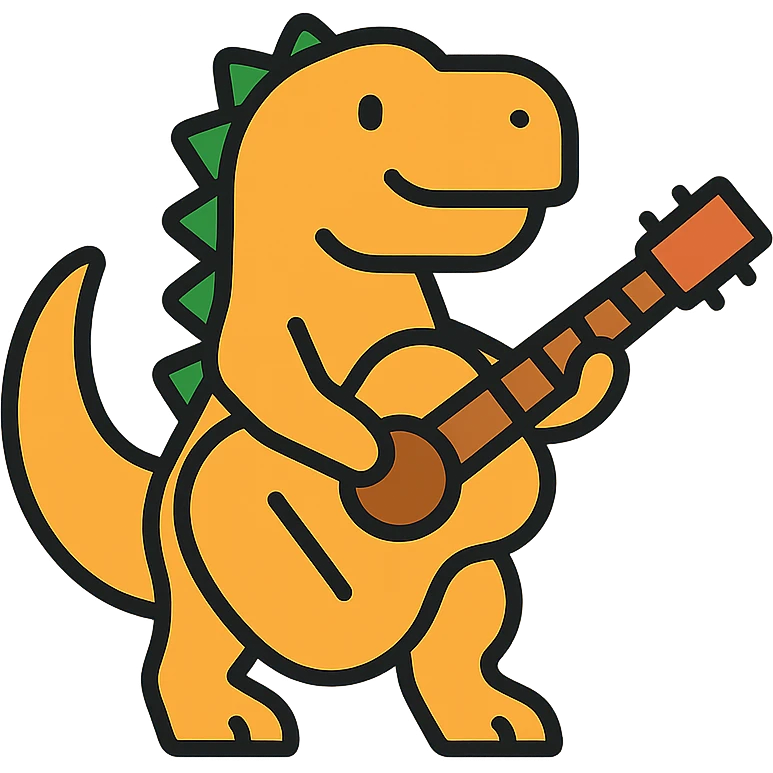 dinosaur playing guitar, modern color icon style, clean lines, bold colors, simple background emoji