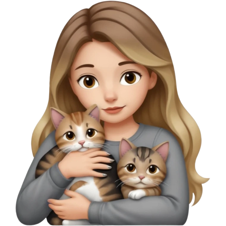 Une femme avec les cheveux dégradée, brun et blond, qui fait un câlin à son chat gris, tigré avec les extrémités que pattes pointe d’oreilles noires et le dessous du menton blanc la fille n’a pas d’oreilles, il n’y a qu’un seul chat emoji