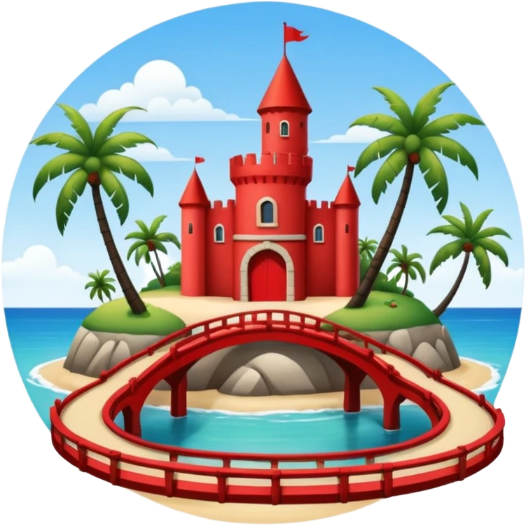 a circular island with a modern chateau, a beach with palm trees in front. also, a red bridge behind.  emoji