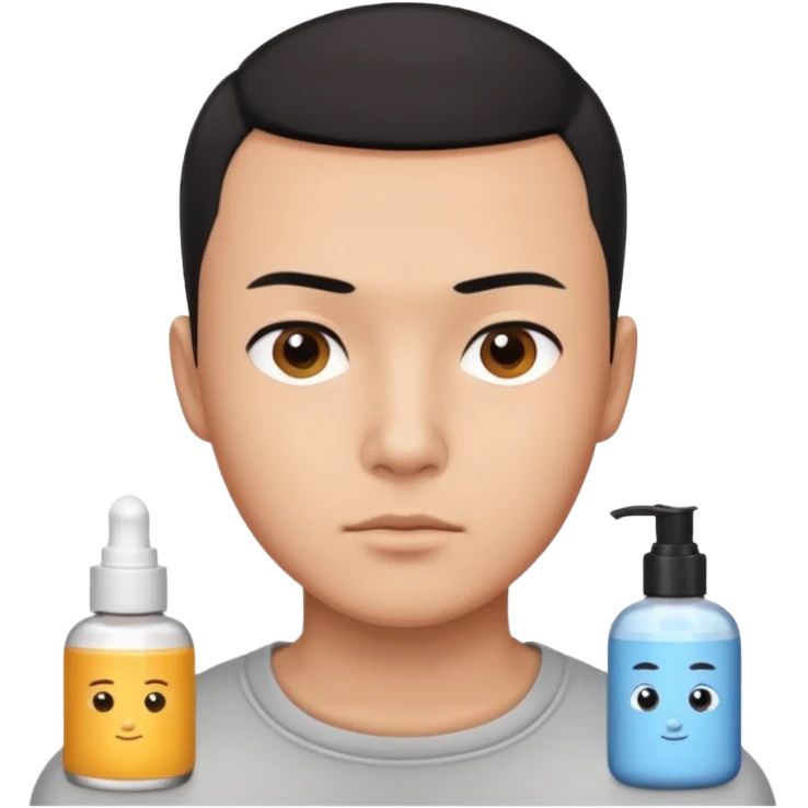 try different skincare products for chinese man with buzz cut (short black hair) doing skincare emoji