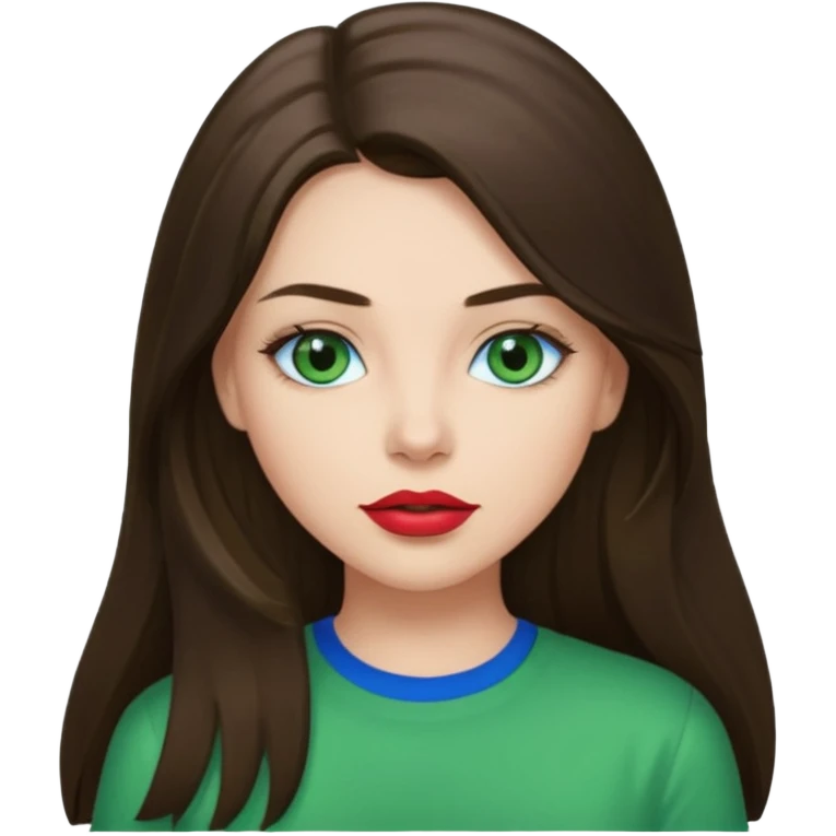 brunette straight long hair girl green shirt blue eyes lipstick  emoji