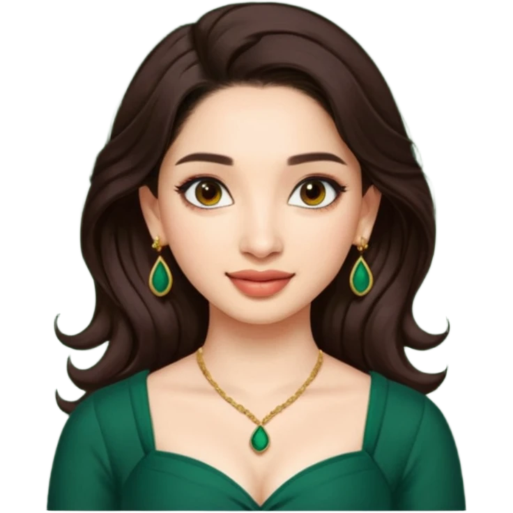 pretty bratz genmoji that looks like tamannah bhatia (bollywood actress), wearing a dark green sweetheart neckline top, dark brown hair, light makeup, no necklace, dangly earrings, side hair part emoji