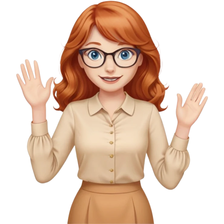 redheaded woman with very long wavy hair and bangs, blue eyes, cat-eye glasses, pencil skirt, apricot blouse, waving, smiling emoji