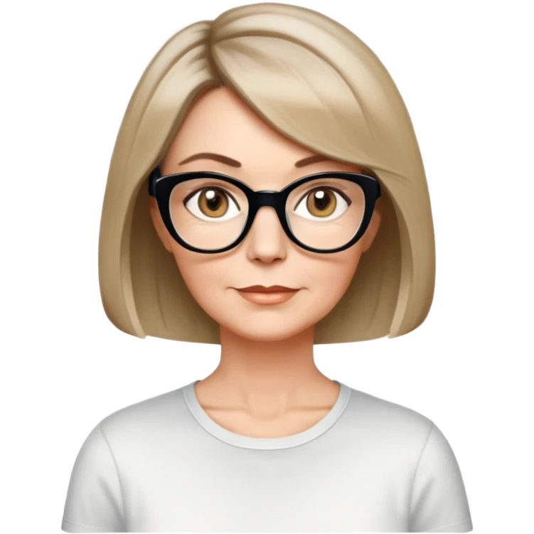 white woman about 50 years old, light warm skin, short bob haircut to neck with slight waves at ends, medium brown hair with soft highlights, neutral expression, large black shiny butterfly or cat-eye glasses, white casual t-shirt, calm and creative energy emoji