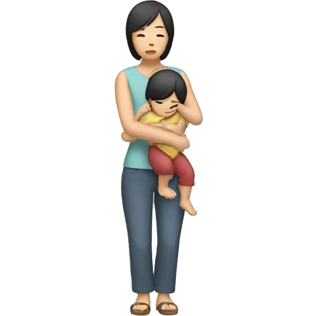 asian sad mum holding two kids, full body standing emoji