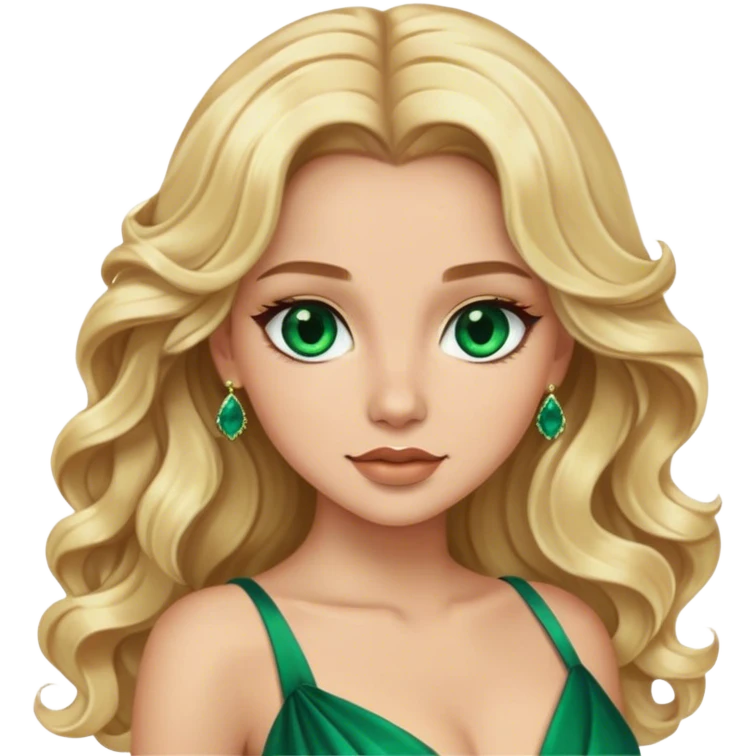 Blonde model with brown eyes, long wavy hair,  emerald gown emoji