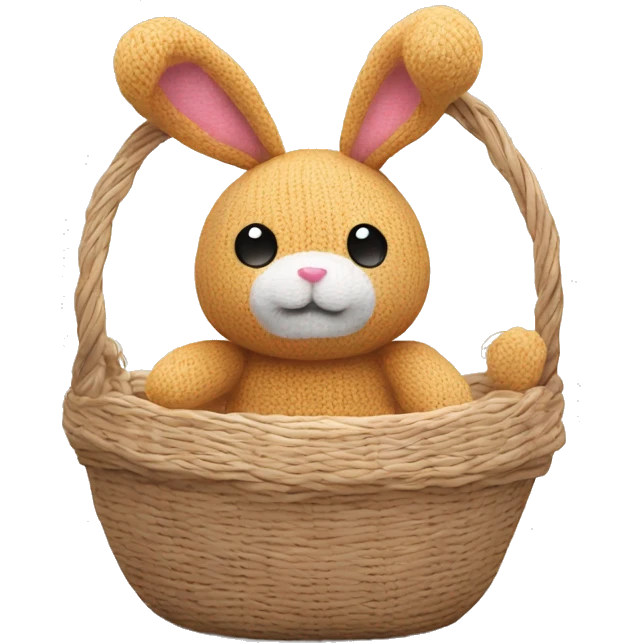 cute plush knitted bunny toy sitting in the basket emoji