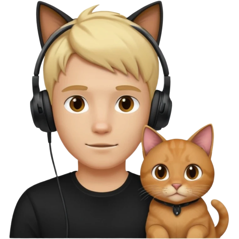 blonde guy in a black top with gaming headphones on and a brown cat emoji
