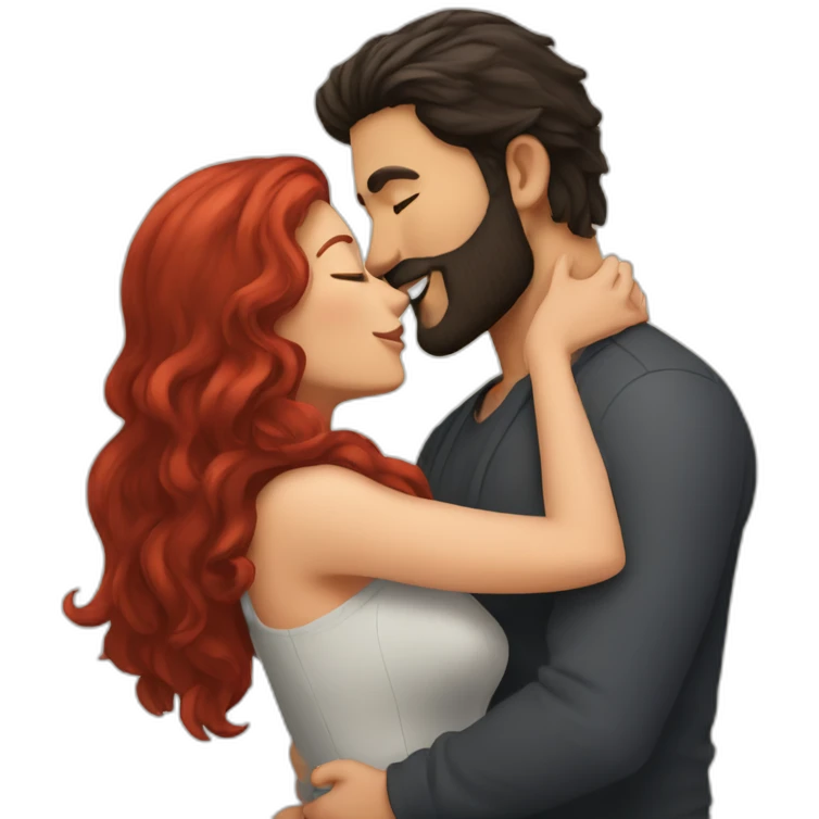 a bearded man with dark hair kissing a woman with long red hair emoji