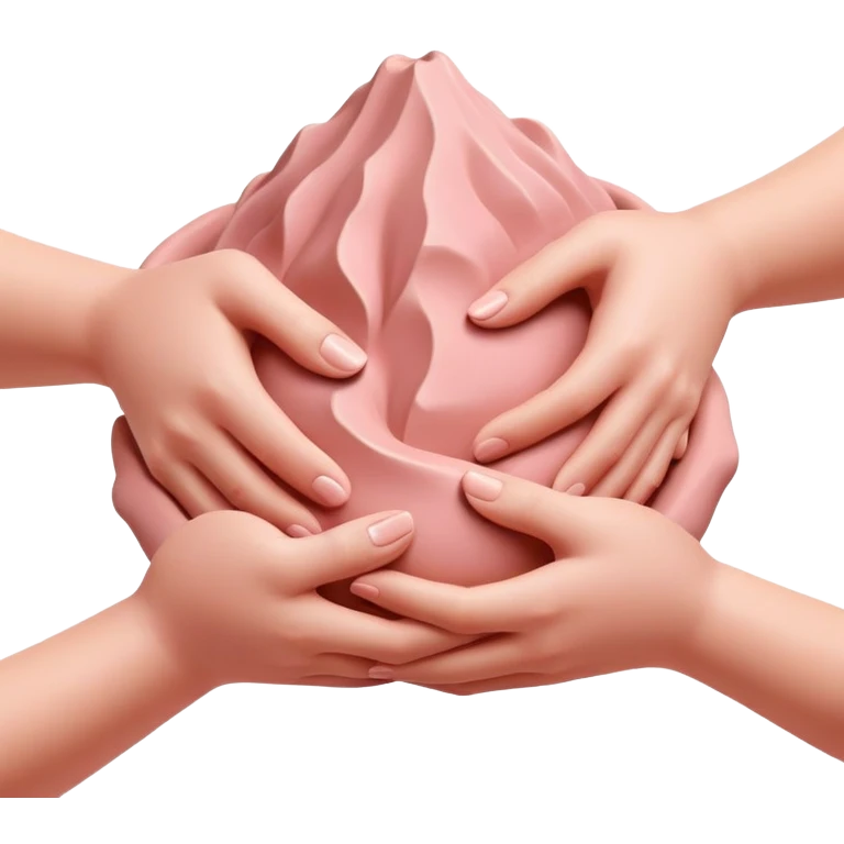hands gently hugging a pink clay mound to maintain moisture and prevent cracks, palm hug pottery technique emoji