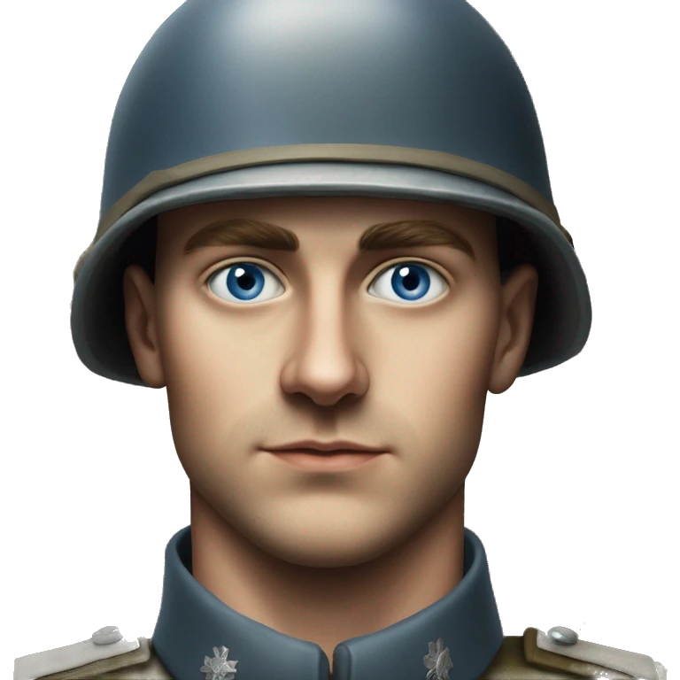 blue eyed  guy 28 years old german soldier in helmet 1940 photorealistic serious emoji