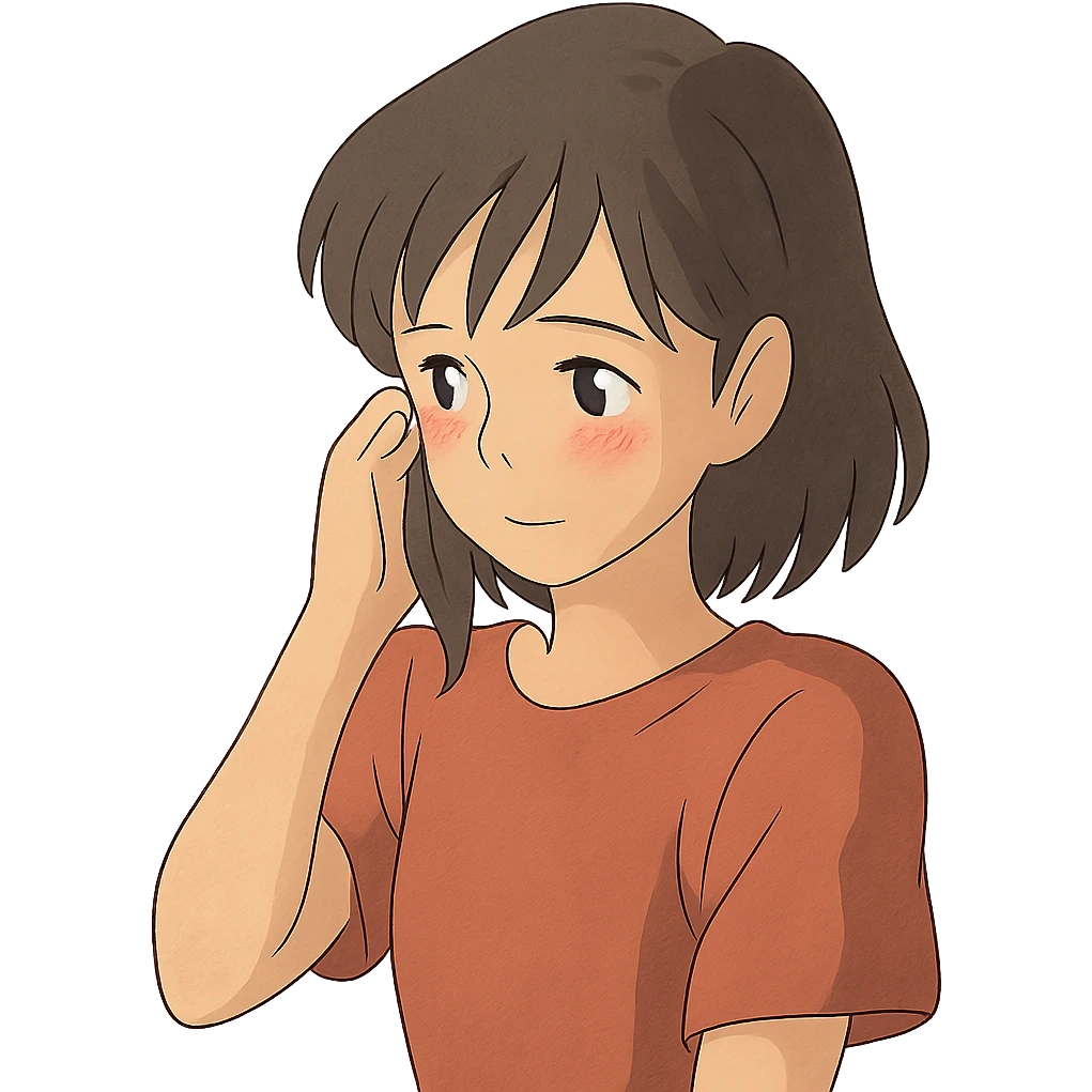 shy girl tucking her hair behind her ear, ghibli style illustration emoji