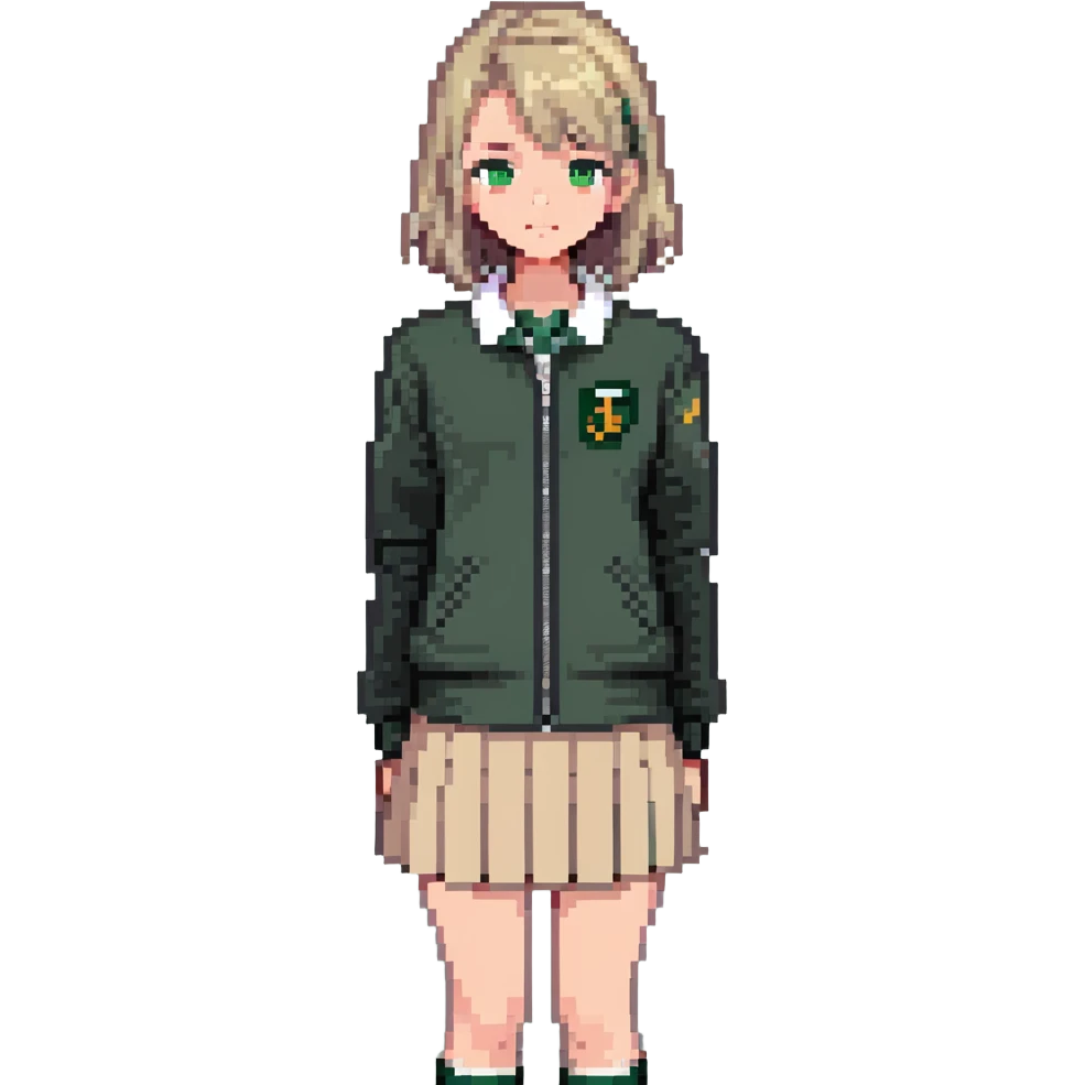 girl in a school uniform wearing a green polo, beige skirt, grey zipper jacket emoji
