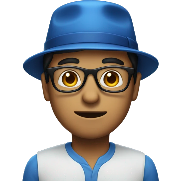 A man wearing a blue hat with 'P' on it and black glasses emoji