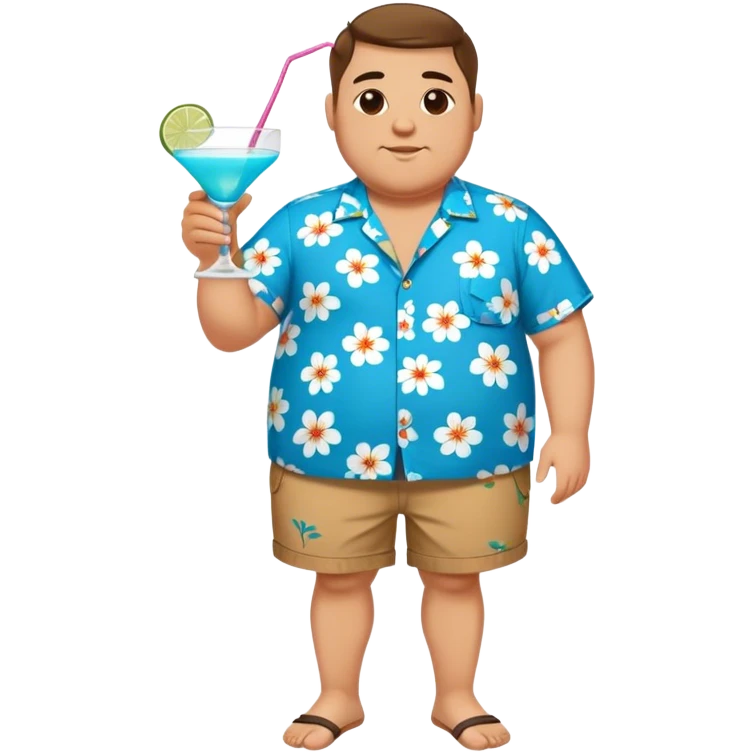 chubby guy full figure in a flowered azure havai shirt, brown shorts and flippers holding a cocktail emoji