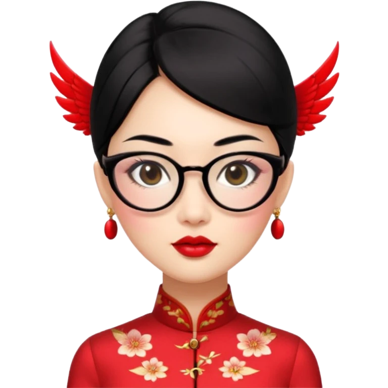 an oriental lady wearing red cheongsam, red lipstick, winged eyeliner, fair light a bit pink skin, small nose, a bit thick sensual lips, not too slim but not fat, wearing transparent glasses, black hair mid length emoji