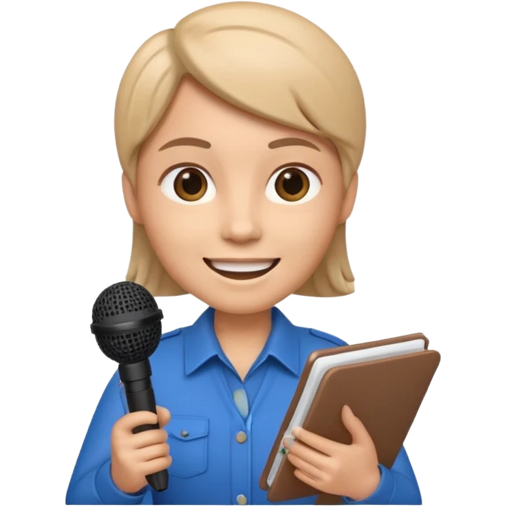 Apple Memoji-style 3D emoji of a journalist holding a microphone and notepad, smooth gradients, rounded shapes, no background. emoji
