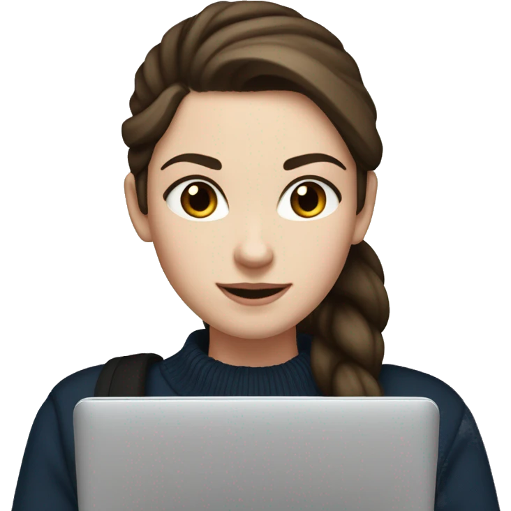 caucasian white girl student, holding laptop, blue eyes, dark brown hair ponytail wearing a thick black sweater emoji