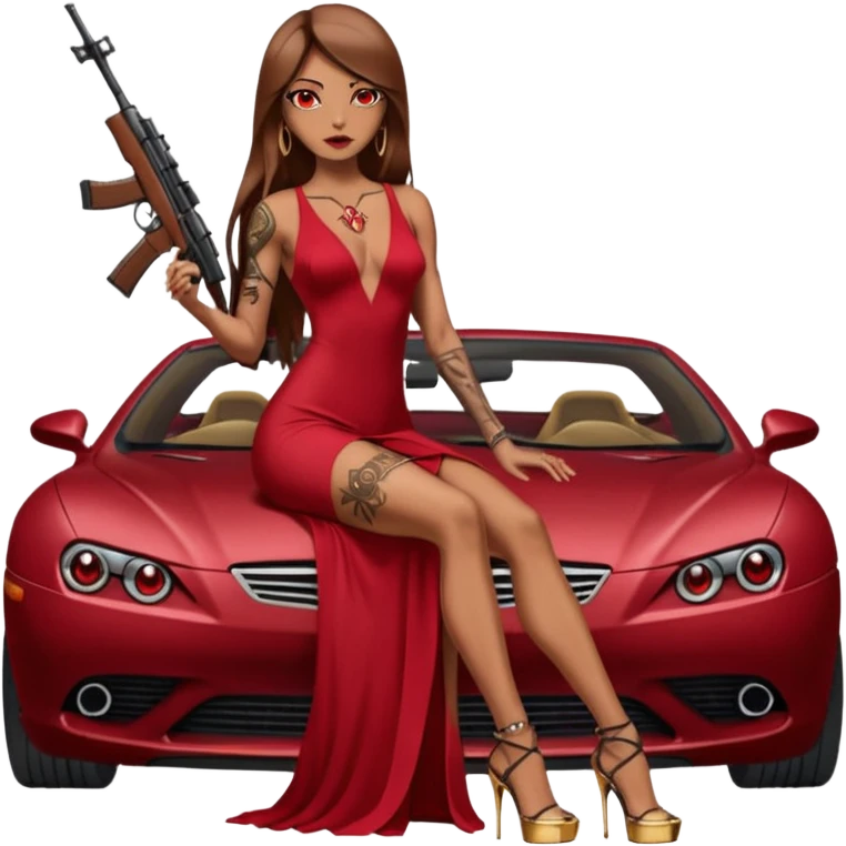 Lilith tan skinfemale red eyes symbol. Tattoo arms. Her hair is brown straight long hair.wearing sexy long ruby covered dress with slit. black stiletto thick platform high heels shoes on. Sitting on gold giant luxury car with cash on her. She is holding a sniper rifle in one hand cash in other hand emoji