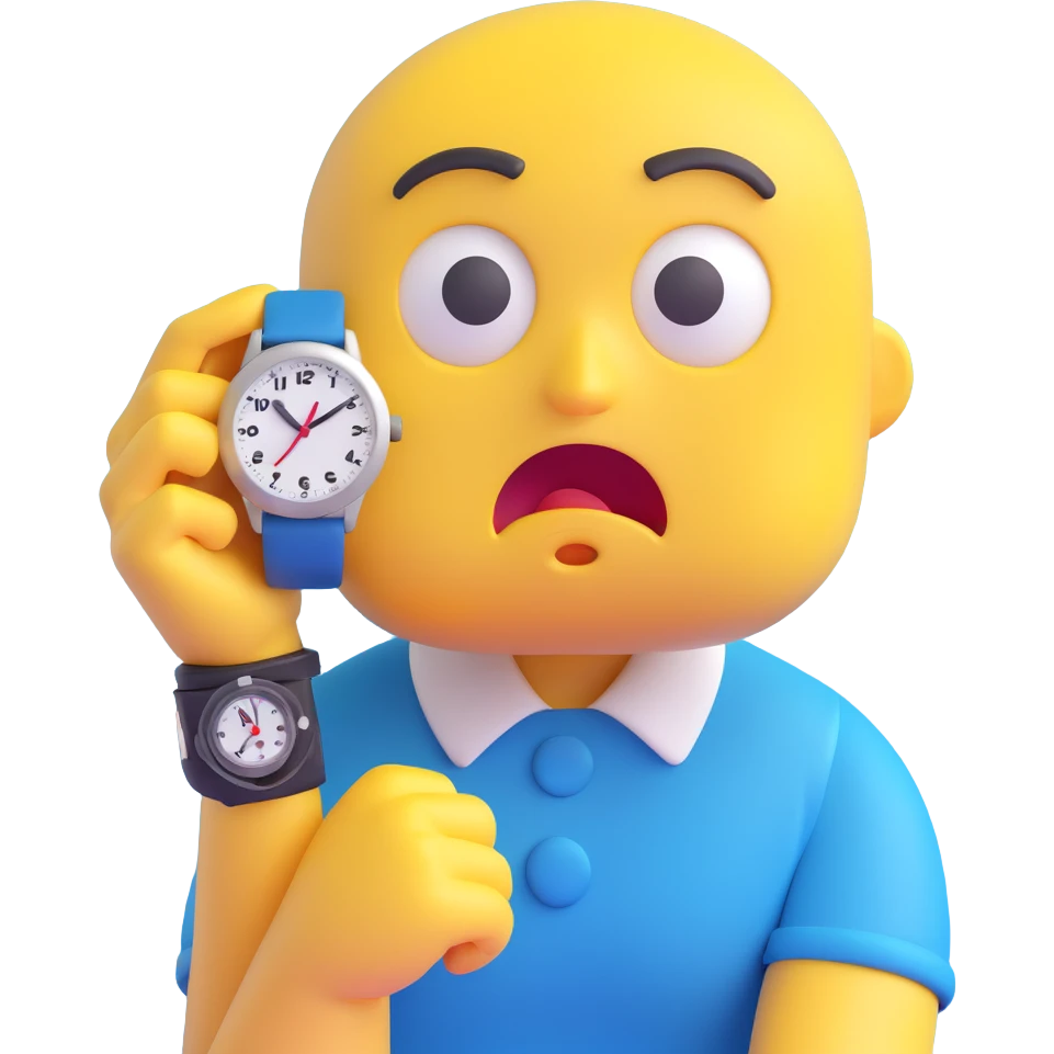 A yellow emoji face with a worried expression, looking at a wristwatch with raised eyebrows, showing urgency and stress emoji