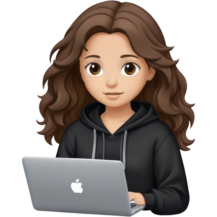 Girl with wavy brown hair wearing a black hoodie holding the computer emoji