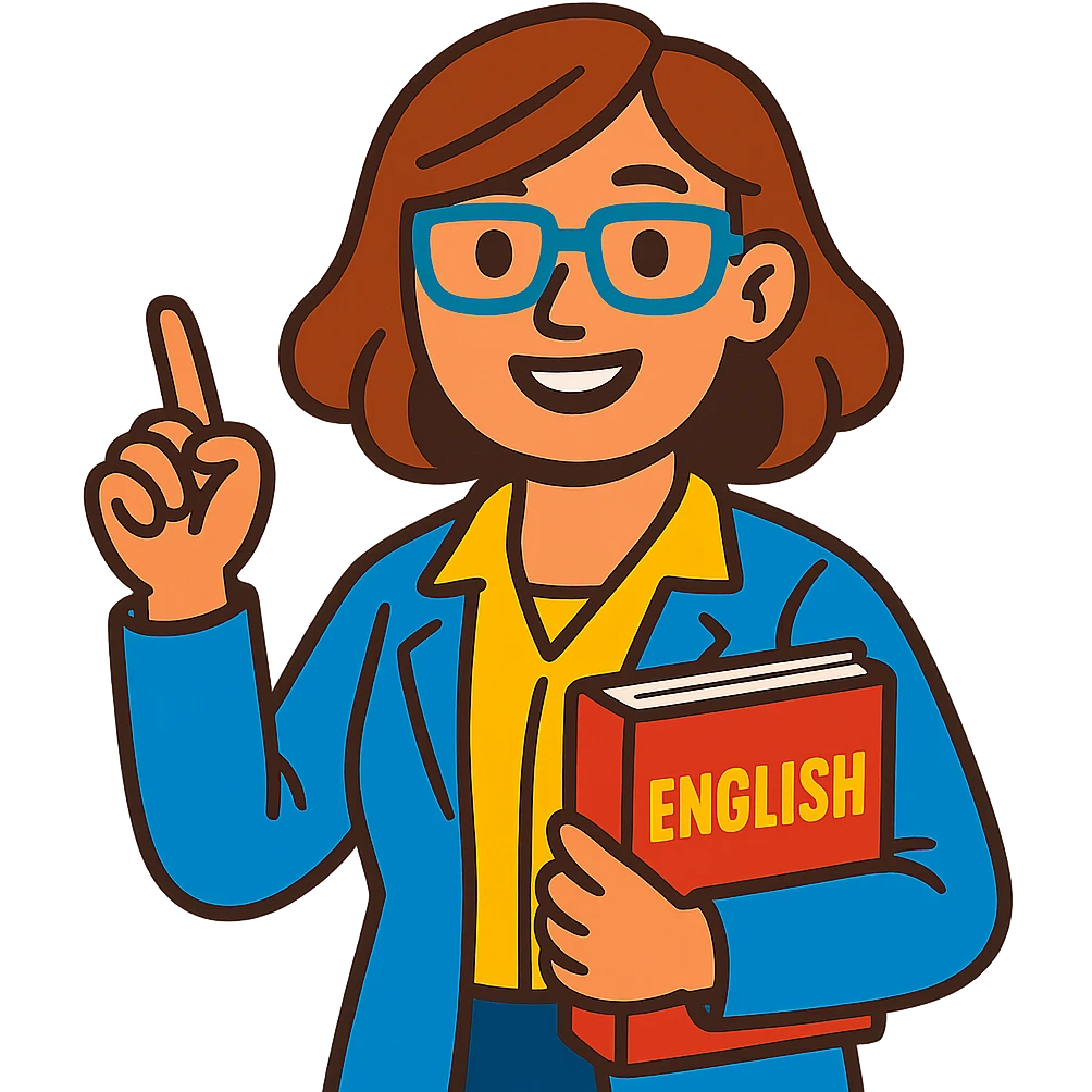 woman English teacher with brown hair, holding a book, vibrant toon style emoji