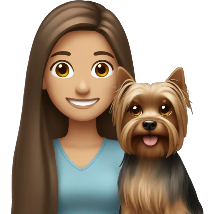 Long brown hair girl smiling with  Yorkshire Terrier emoji