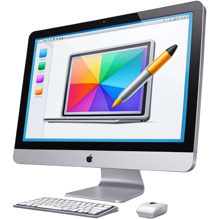 Computer graphics icon, large monitor with graphic design software open, graphic tablet, stylus, vibrant colors, minimalistic style, clean lines, transparent background. emoji