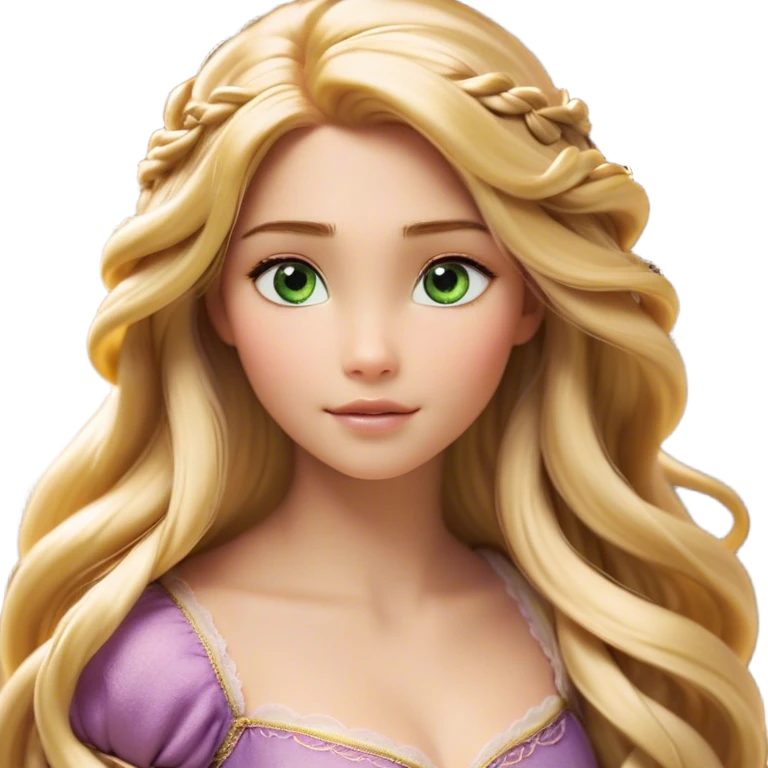 Cinematic Realistic Rapunzel Portrait, with porcelain-like skin featuring a subtle, natural glow, illuminated by soft lighting that brings out the gentle contours of her face. Her long, golden blonde hair cascades in detailed waves, each strand highlighted with a radiant shimmer as it catches the light. Her bright, expressive green eyes exude curiosity and warmth, framed by delicate lashes and soft, arched brows. Her expression is playful and vibrant, with a gentle smile. She is dressed in her classic lavender and pink gown, the fabric textured with delicate folds that flow naturally, catching the light with a soft, radiant glow. The portrait captures a luminous, enchanting aura, seamlessly blending realism with a whimsical, fairytale charm, evoking a timeless sense of beauty and magic. emoji