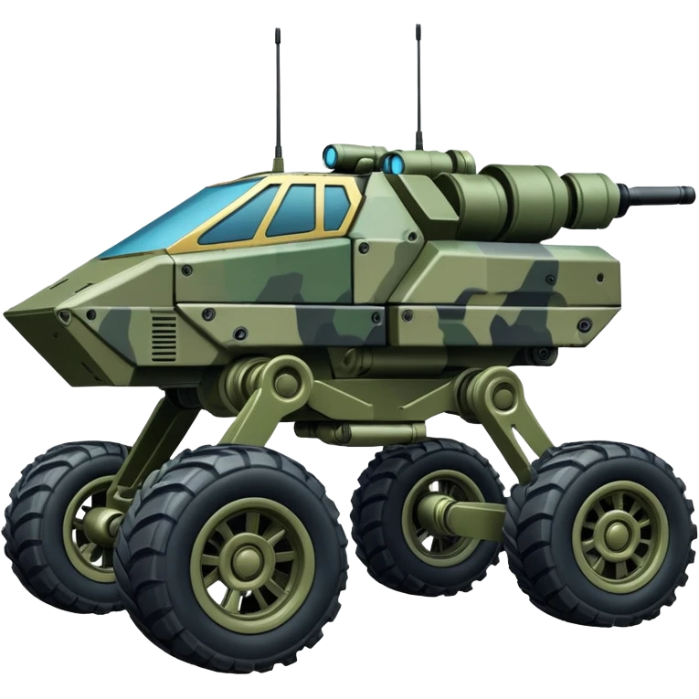 a 4-wheel armored stealth camouflage army massive mech trail vehicle shooting forward side-hill leaning actively independent suspended pod gimbal enemy mech off-road racing rover with large fast engine  emoji