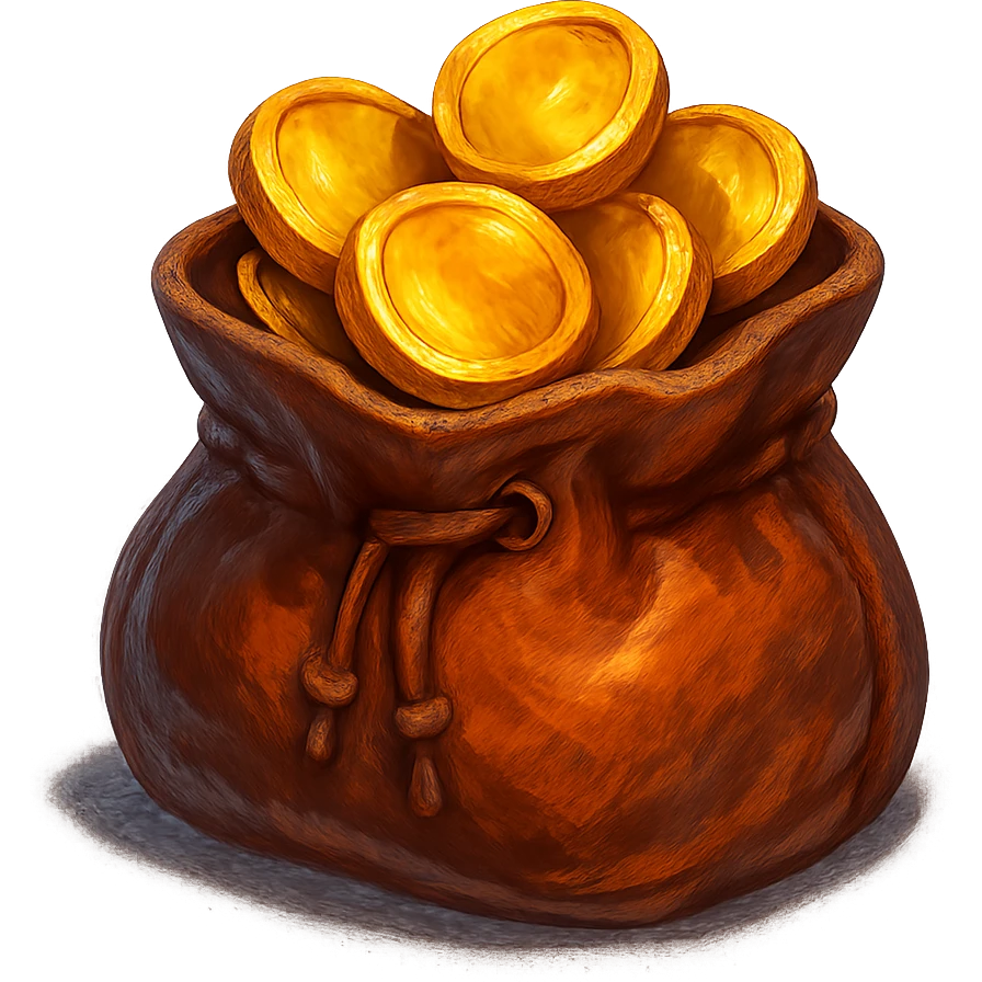 В cлегка рисованной, но при этом объемной и яркой стилистике сгенерируй картинку кожаного кошелька, из которого торчат золотые монеты. Они должны выглядеть не как пластмассовые, а как настоящее золото. Прозрачный фон emoji