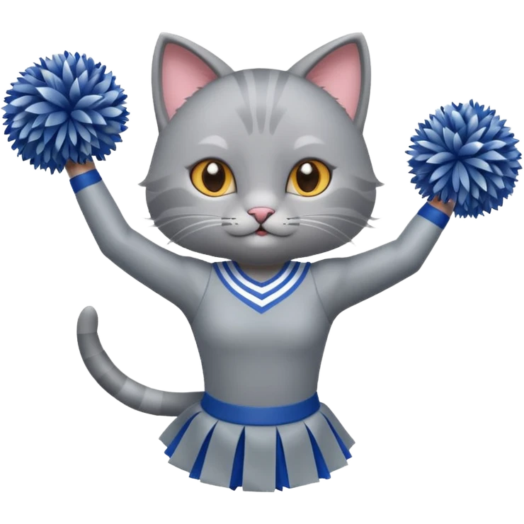 A sleek grey cat cheerleader twirling pom-poms with confident energy. emoji