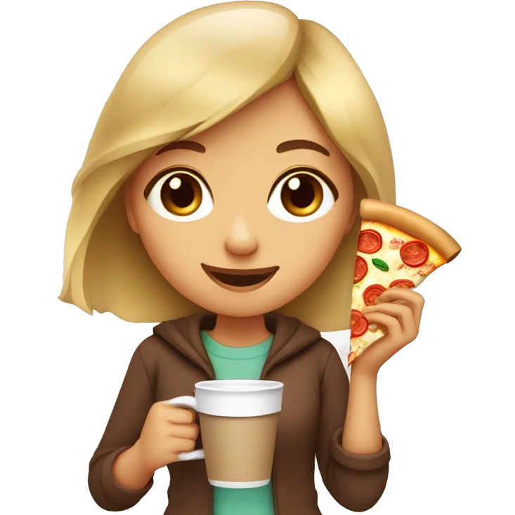 Cute girl with pizza on left hand and coffee on right hand  emoji