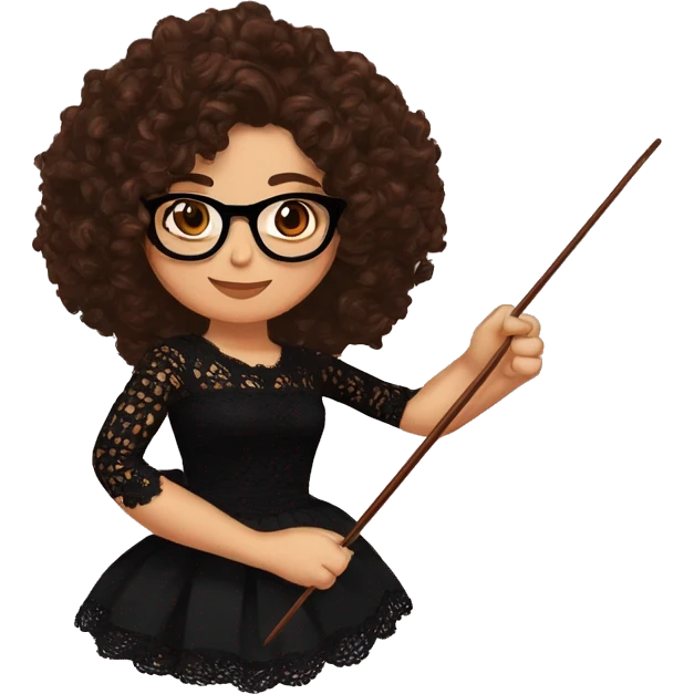 Hispanic woman with chocolate brown curly hair,cateye black glasses, brown eyes, holding a crochet hook in one hand and yarn in the other hand, wearing a black lace shirt emoji
