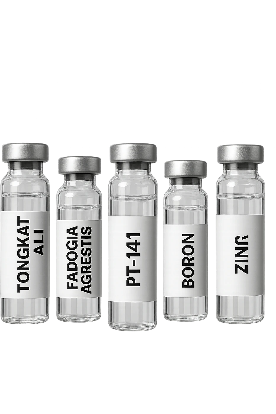 3 fiale mediche: Tongkat Ali, Fadogia Agrestis, PT-141, Boron e Zinco fluttuano in aria verticalmente emoji