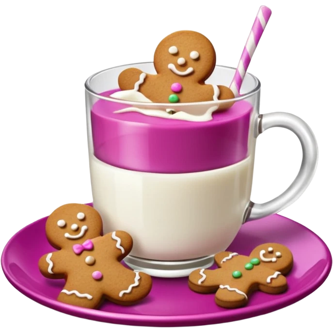 A glass of milk sits on a magenta saucer with gingerbread cookies. emoji