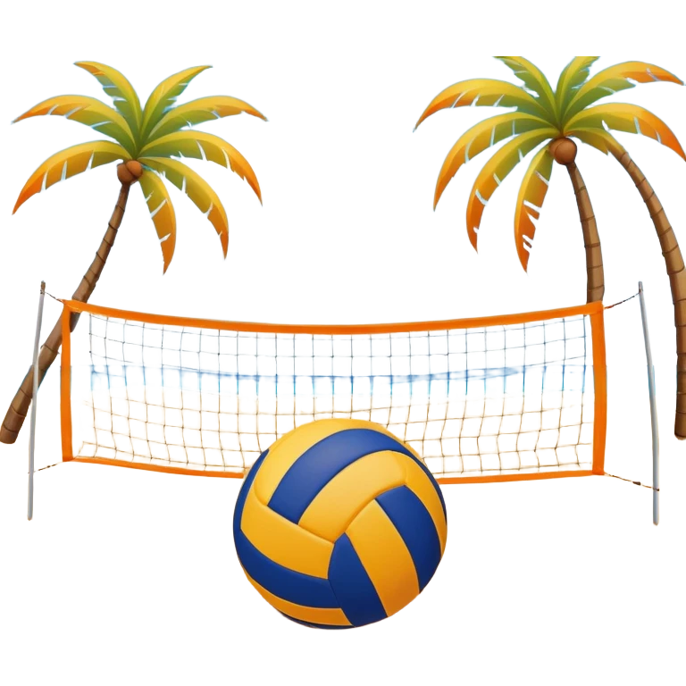 The scene captures an orange sand, sunny sea beach with clear blue sea and sky, palm trees swaying. A volleyball resting on the orange sand ground of a beach, with a volleyball net in the background.  emoji