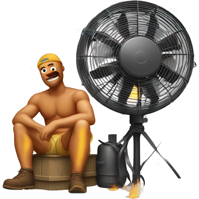 Sun burned man siting next to the blower fan emoji