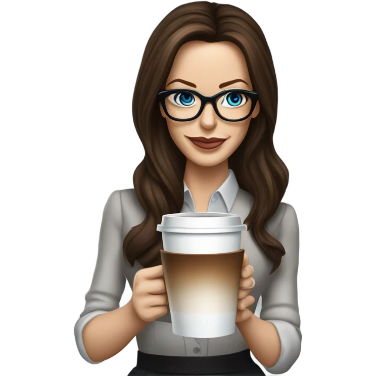 Hyper Realistic Kate Beckinsale blue eyes wearing glasses in a business dress drinking coffee happy  emoji