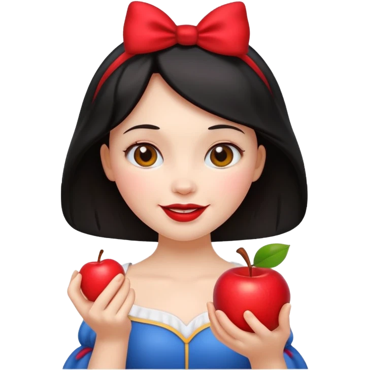 Snow White emoji holding a red apple, cheerful expression, fairytale style emoji