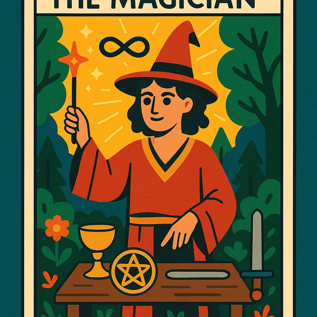 A tarot card featuring The Magician, with magical symbols and forest elements, in a whimsical fantasy style. emoji