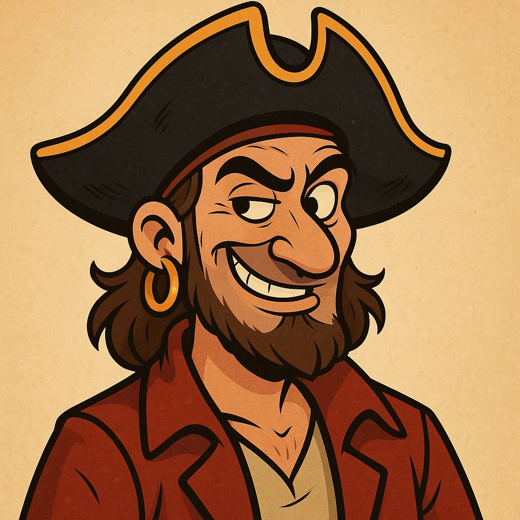 pirate with a smirk, classic pirate hat, gold earring, mischievous expression, cartoon style emoji