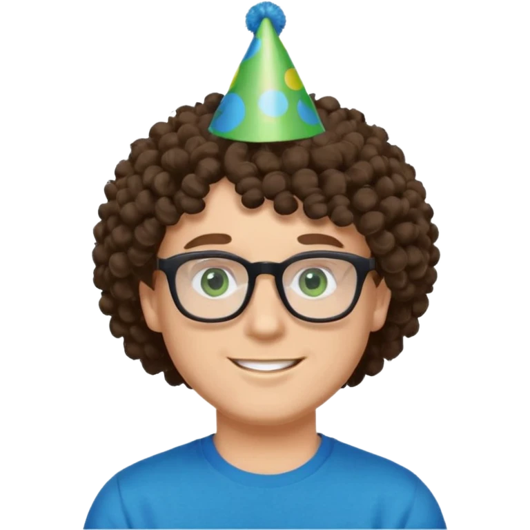 A white guy with curly brown hair and green eyes with a happy face, and wear square black glasses.He’s also got a full silver birthday party hat on his head with blue pom poms on top of it, and his T-shirt is all black, he wears a little gold circle earrings on his left  emoji